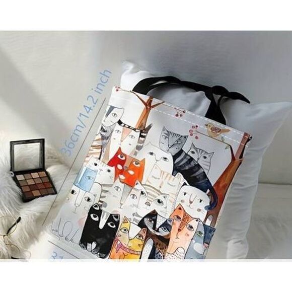 Cat Bag Tote Canvas Natural Red, Black Shoulder Strap OS 12x14" NEW - Picture 4 of 5